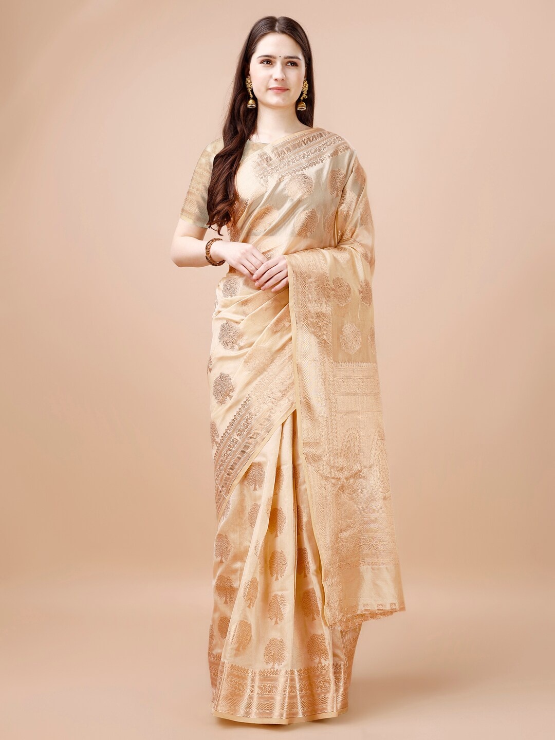 

MAGMINA Ethnic Kanjeevaram Organza Saree, Peach