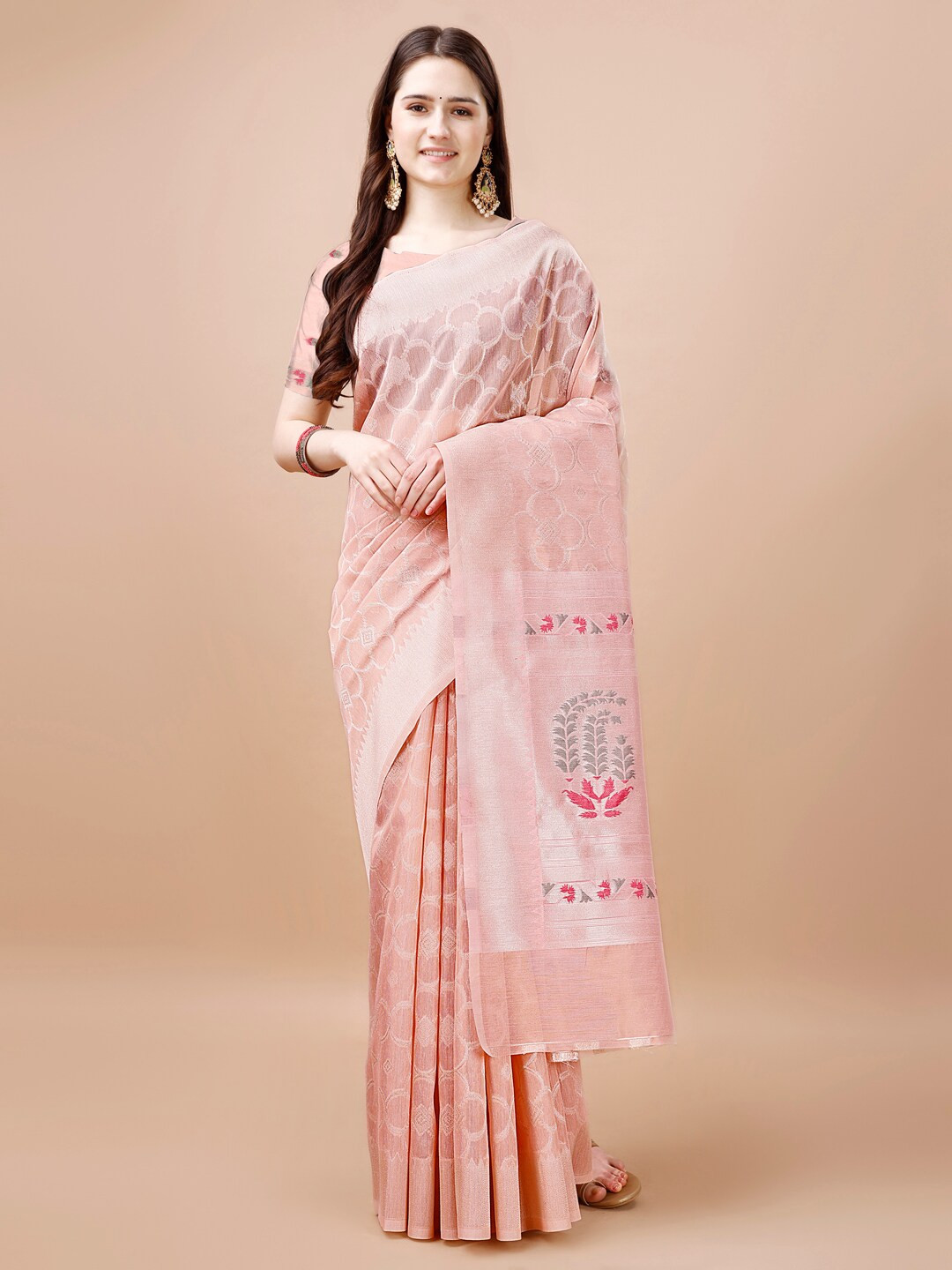

MAGMINA Woven Self Design Embellished Zari Kanjeevaram Saree, Pink