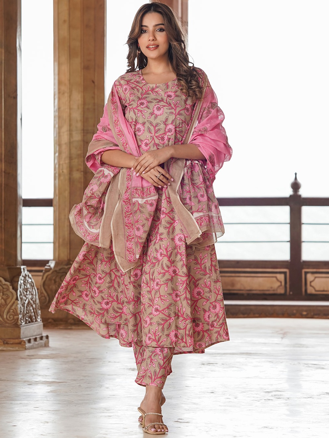 

KALINI Floral Printed Pure Cotton Anarkali Kurta With Trouser & Dupatta, Cream