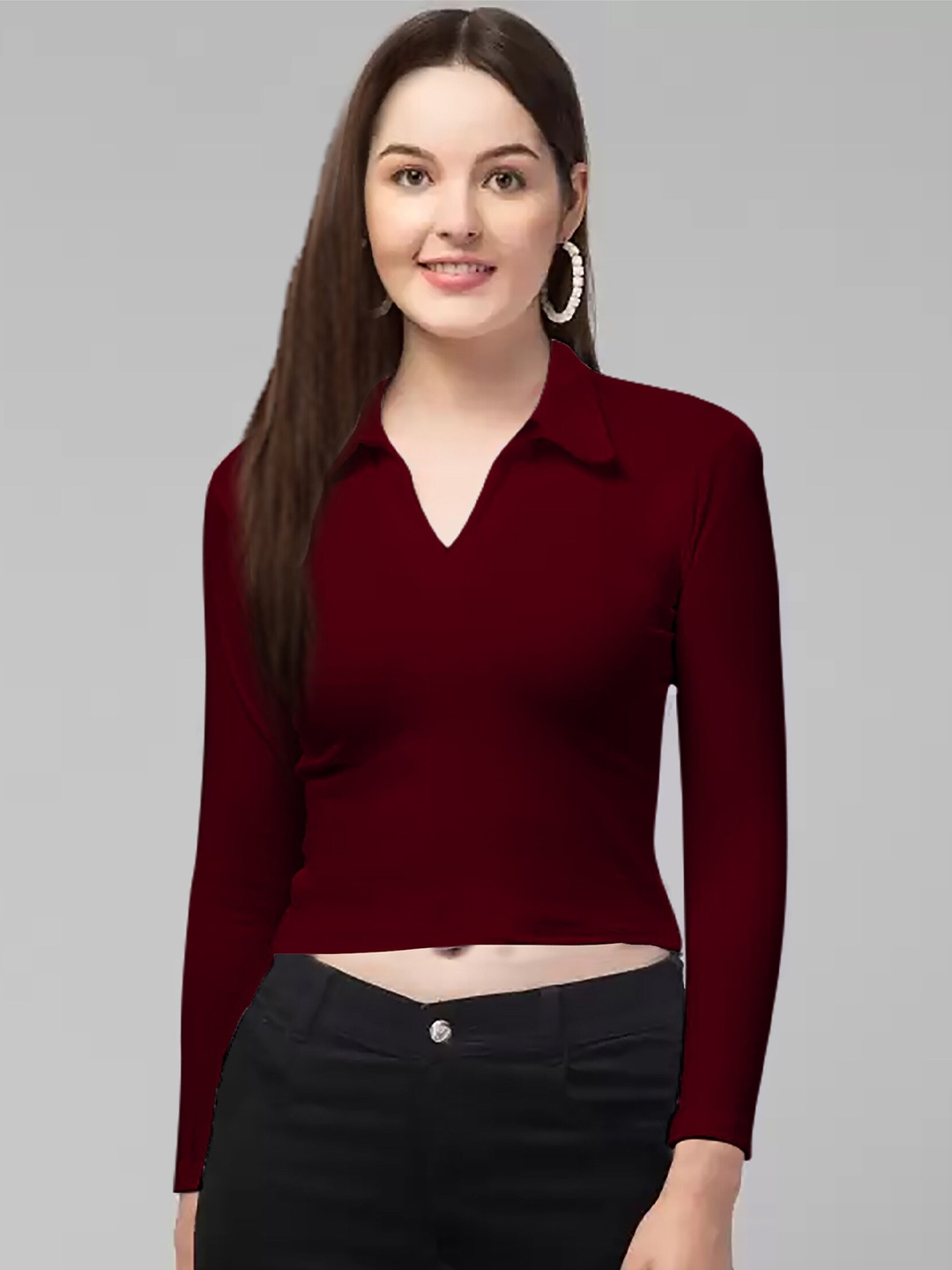 

Dream Beauty Fashion Shirt Collar Fitted Crop Top, Maroon