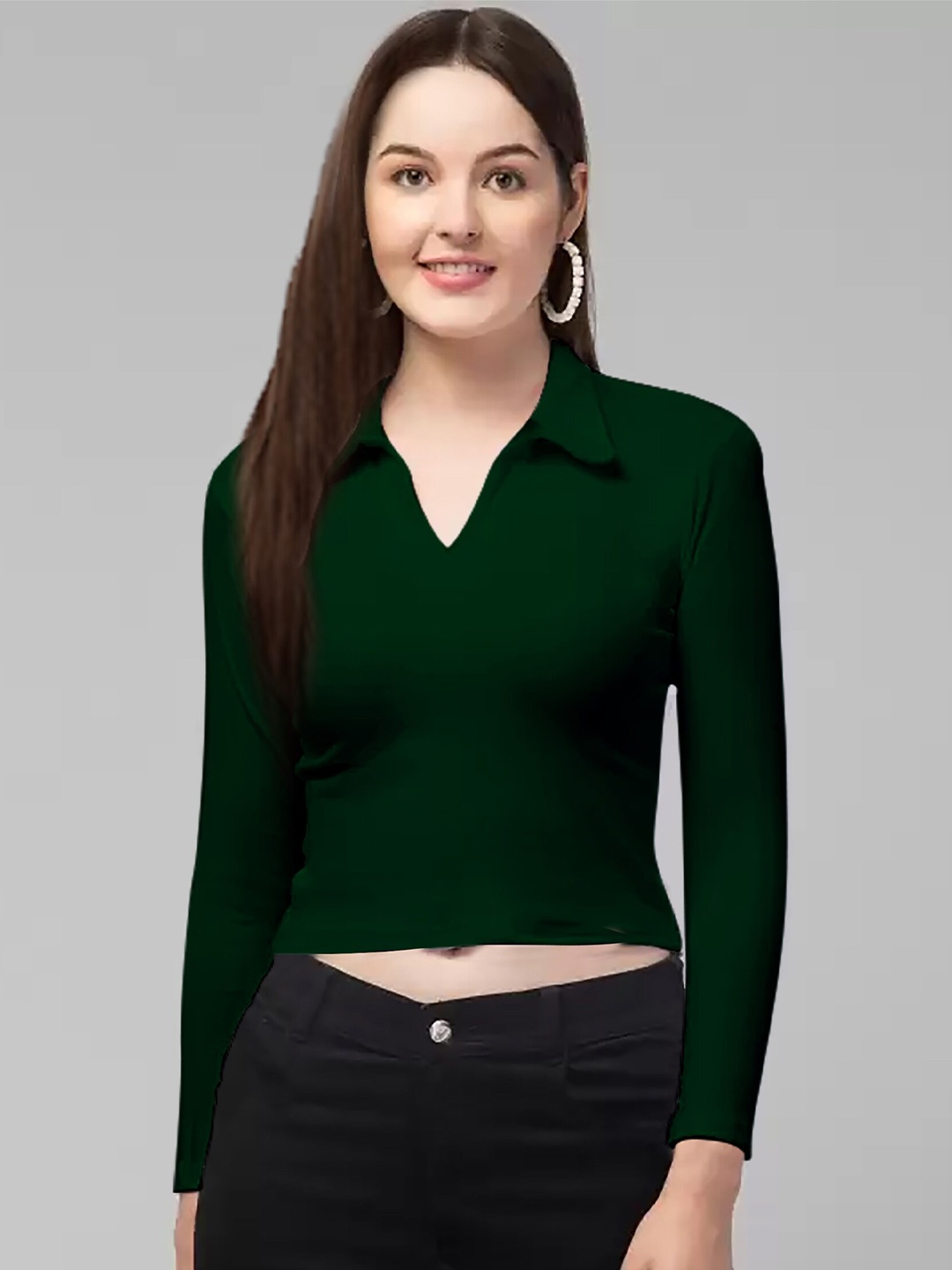 

Dream Beauty Fashion Shirt Collar Fitted Crop Top, Green