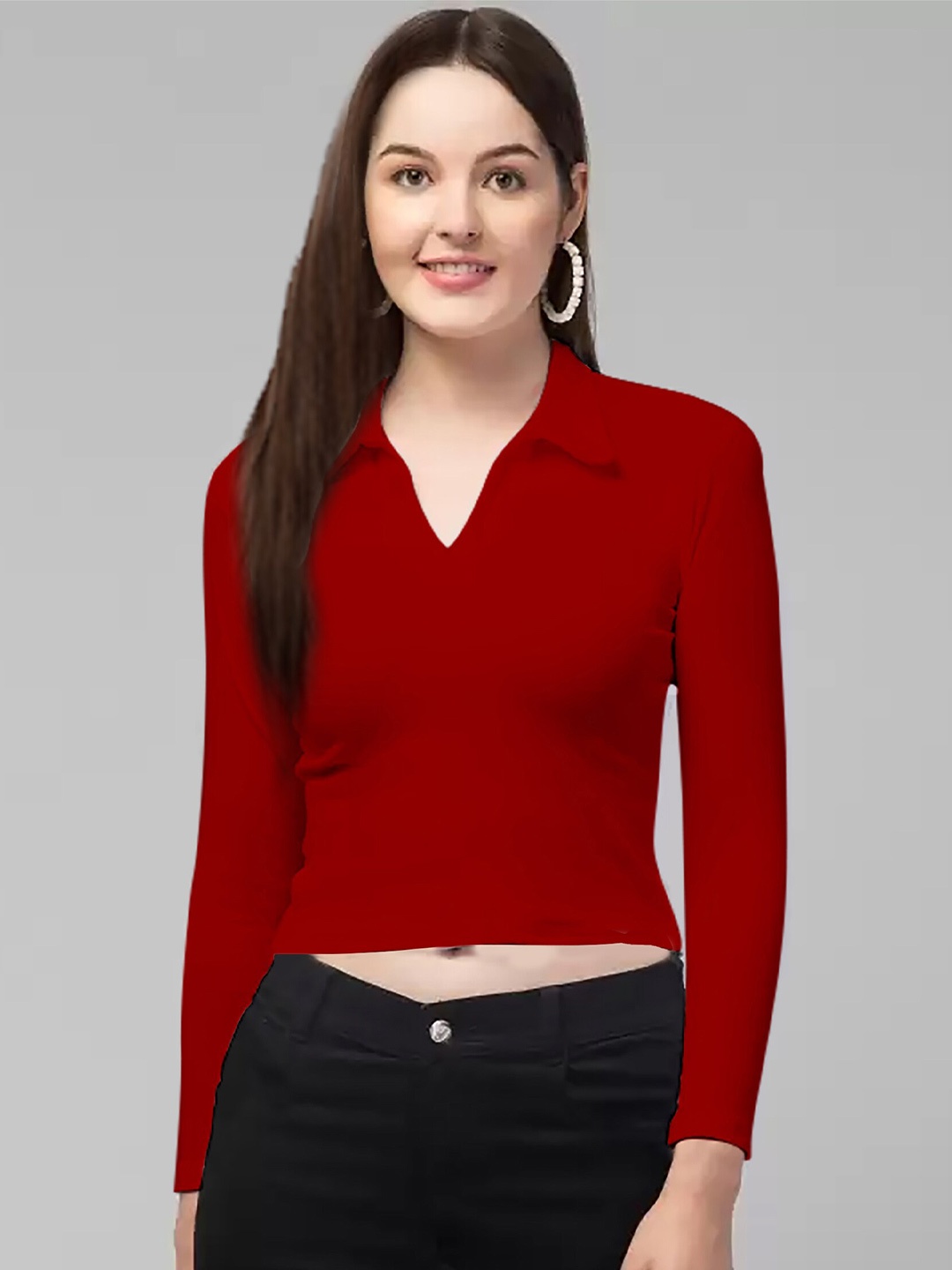 

Dream Beauty Fashion Shirt Collar Fitted Crop Top, Red