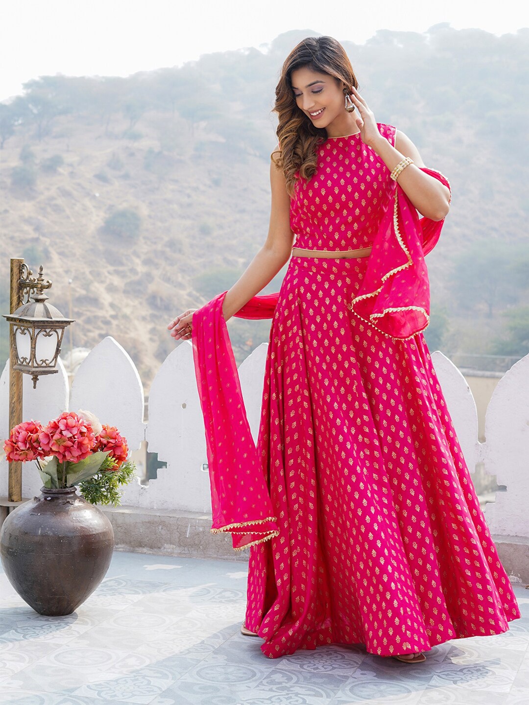 

KALINI Printed Foil Print Ready to Wear Lehenga & Blouse With Dupatta, Pink