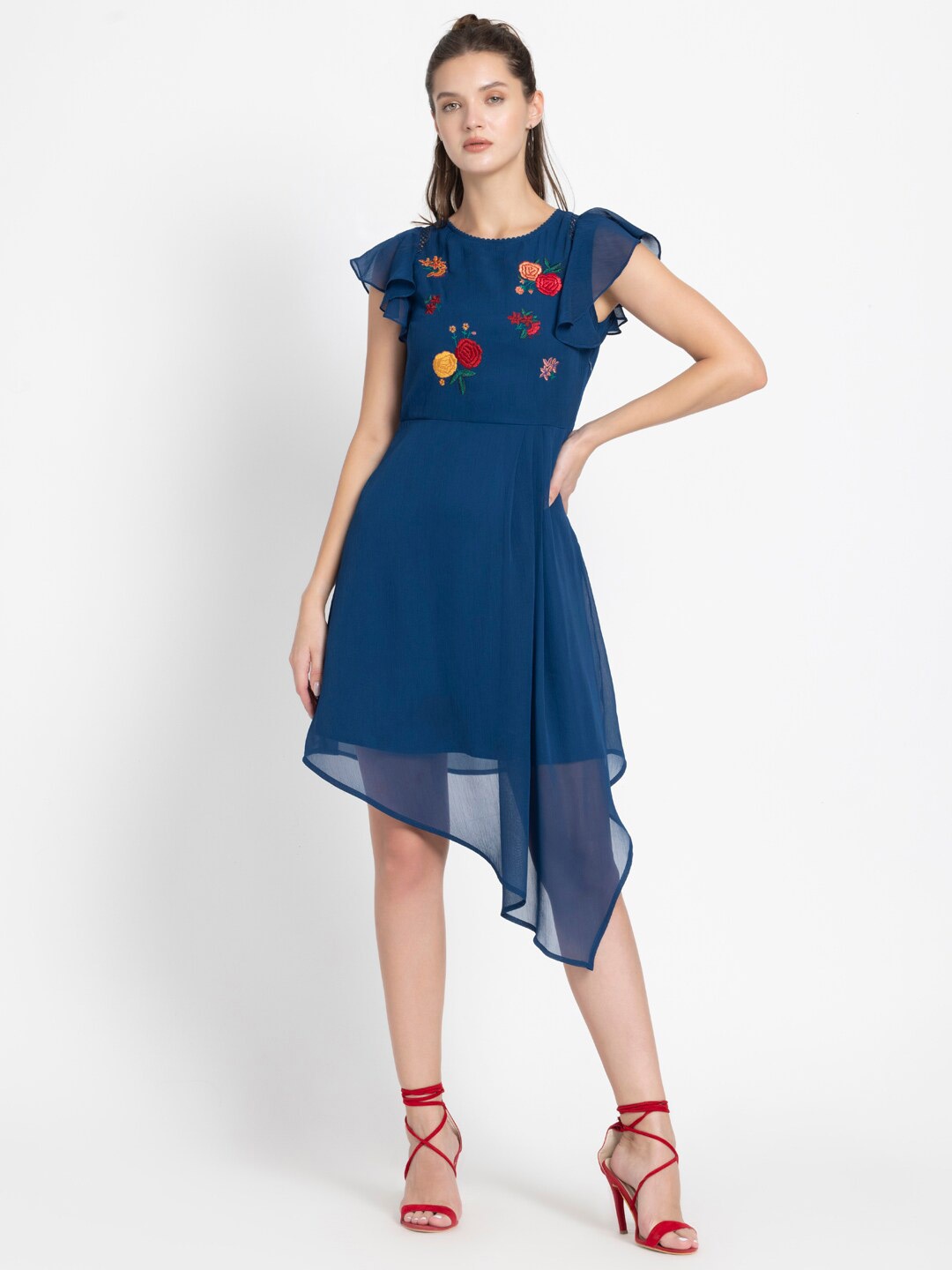 

SHAYE Floral Embroidered Chiffon Asymmetric Cut Out Fit & Flare Midi Dress, Teal
