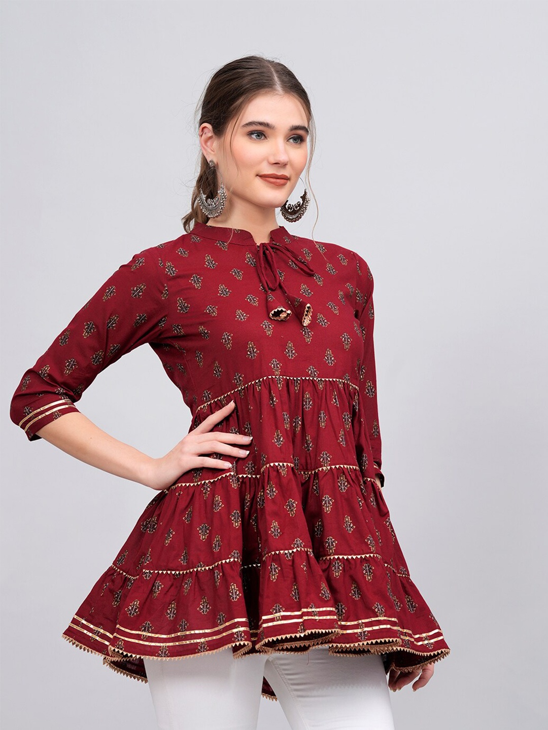 

KALINI Floral Printed Mandarin Collar Tie-Ups Detail Pure Cotton Tunic, Maroon