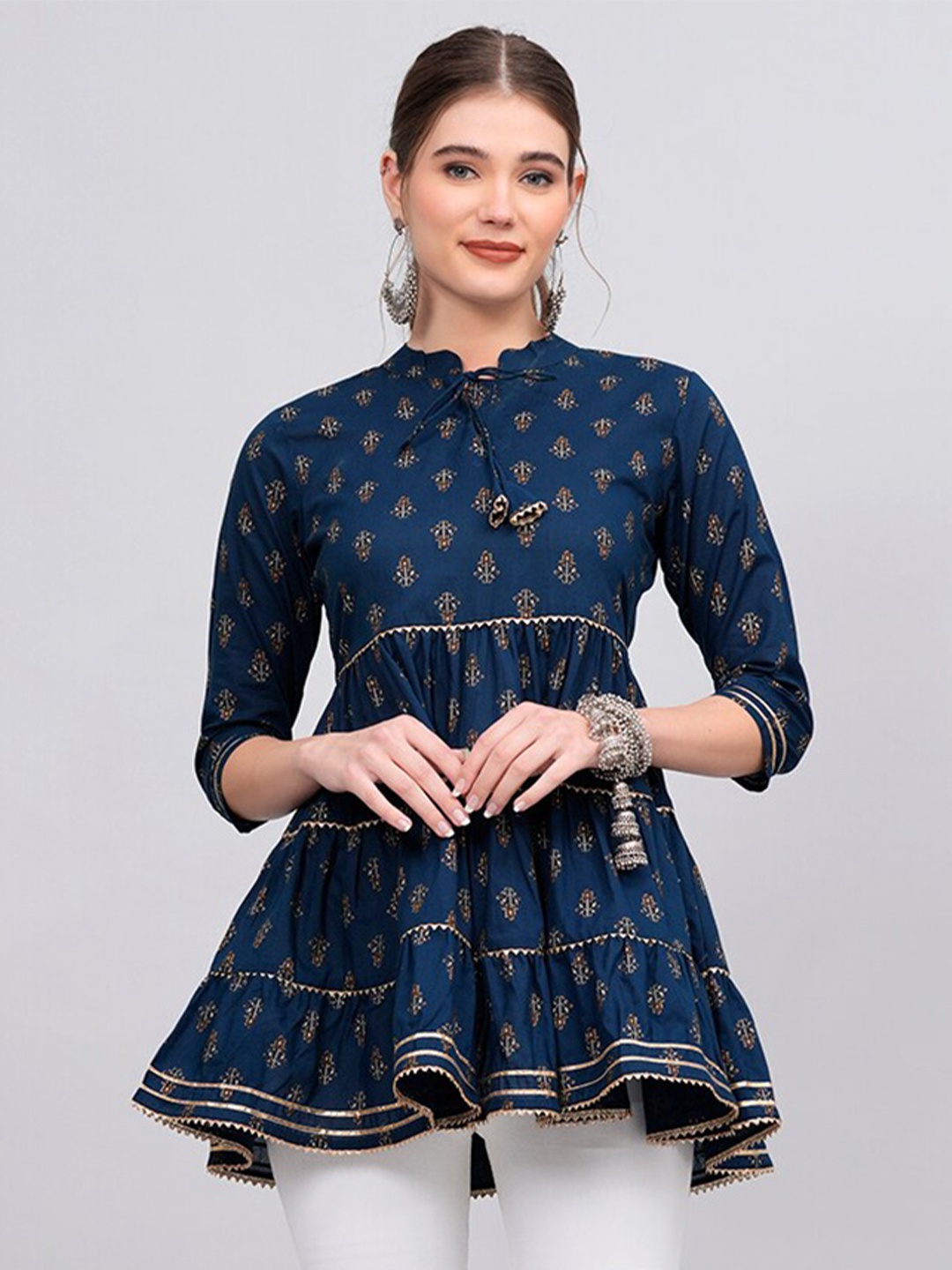 

KALINI Floral Printed Mandarin Collar Tie-Ups Detail Pure Cotton Tunic, Blue
