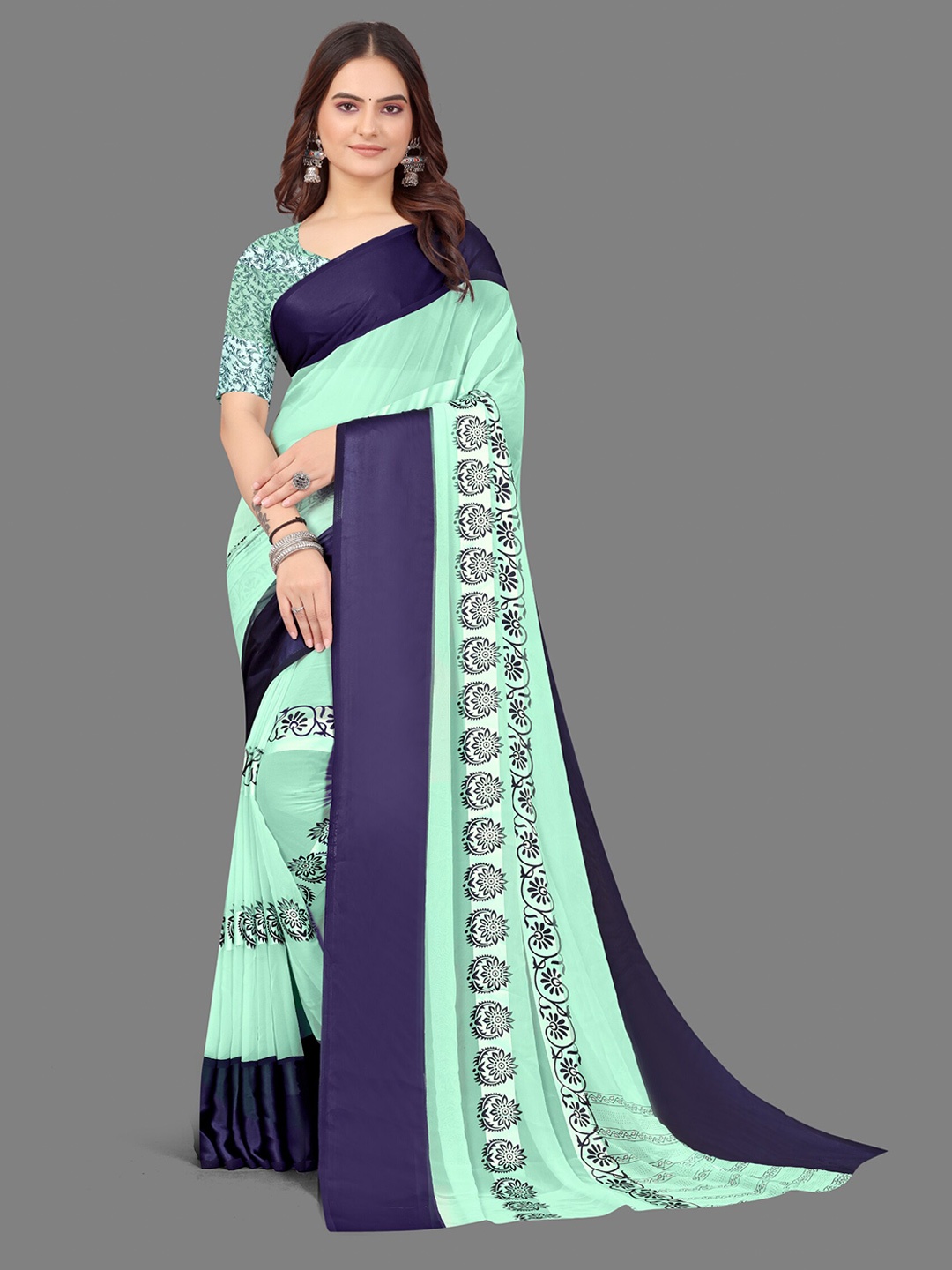 

Sitanjali Floral Printed Satin Saree, Blue