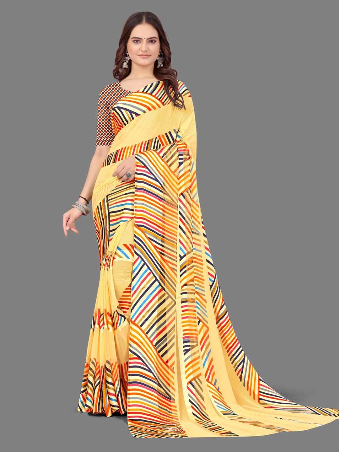 

Sitanjali Striped Printed Satin Leheriya Saree, Yellow