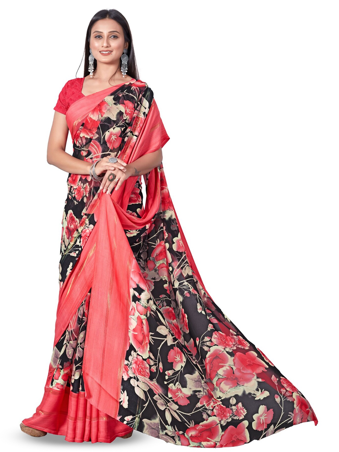 

Sitanjali Floral Printed Satin Saree, Red