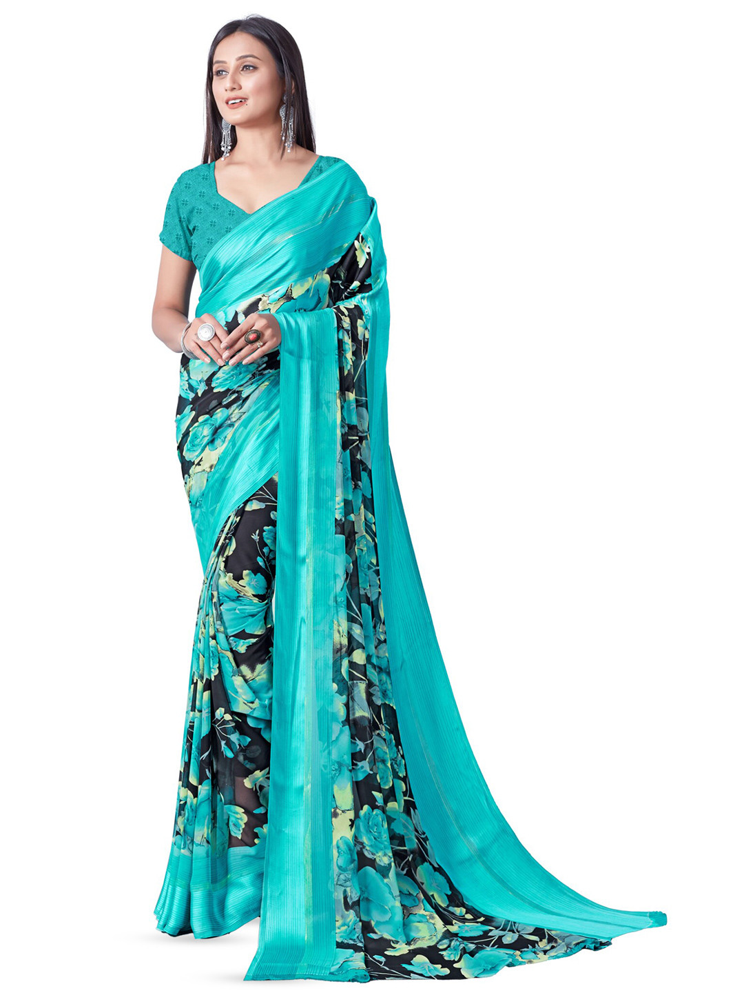

Sitanjali Floral Printed Satin Saree, Blue