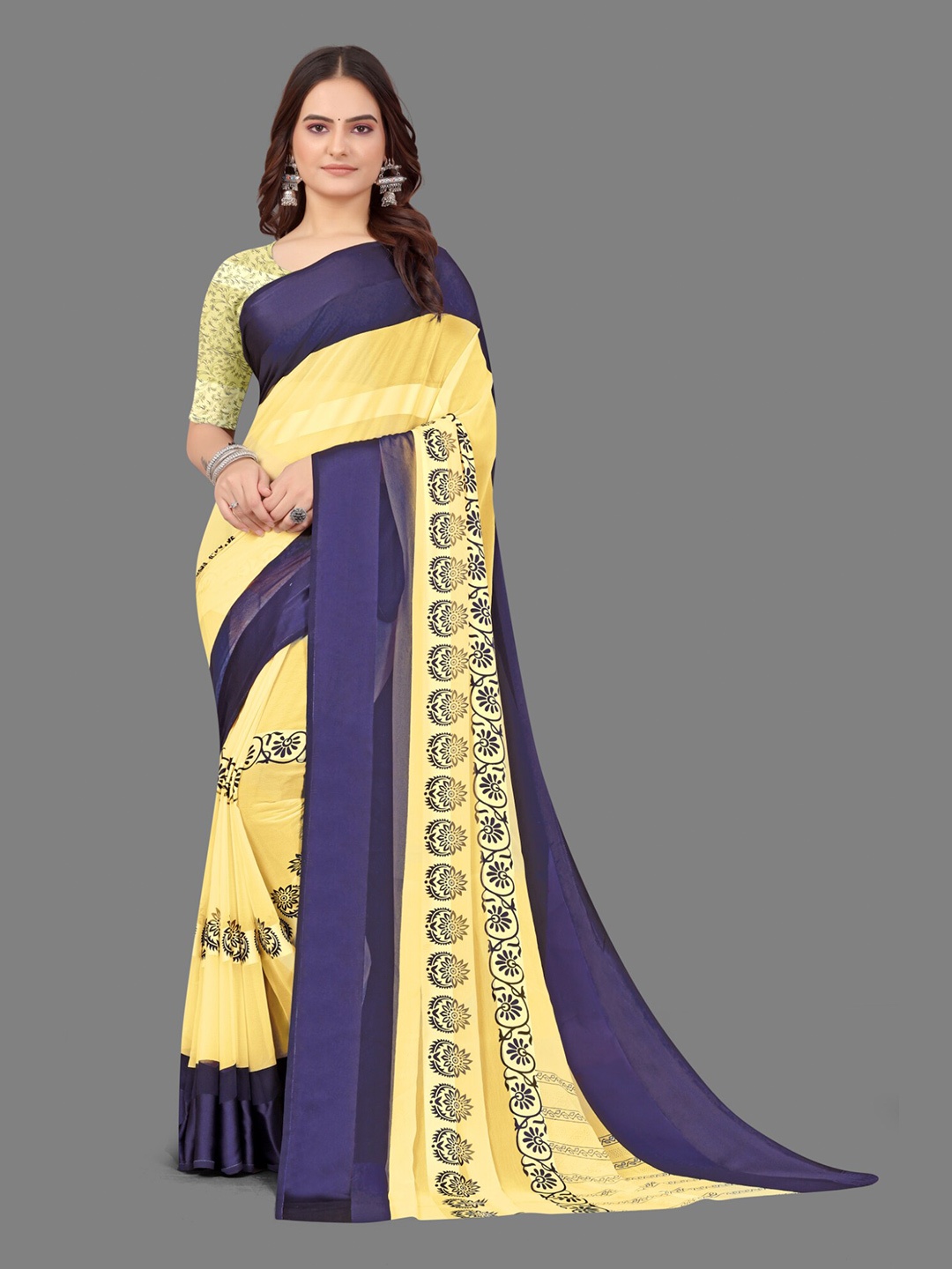 

Sitanjali Floral Printed Satin Saree, Yellow
