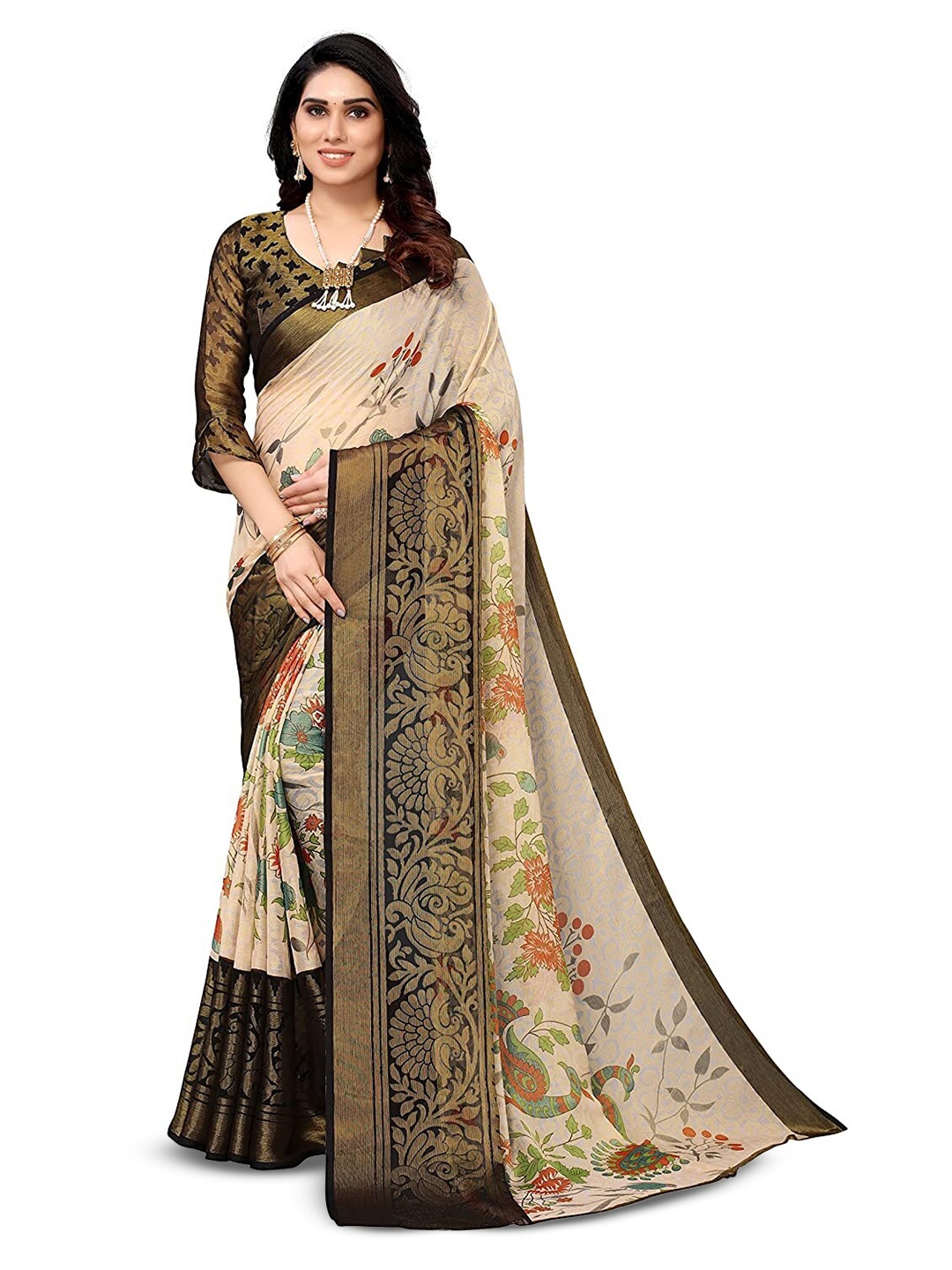 

Sitanjali Floral Printed Zari Brasso Saree, Black