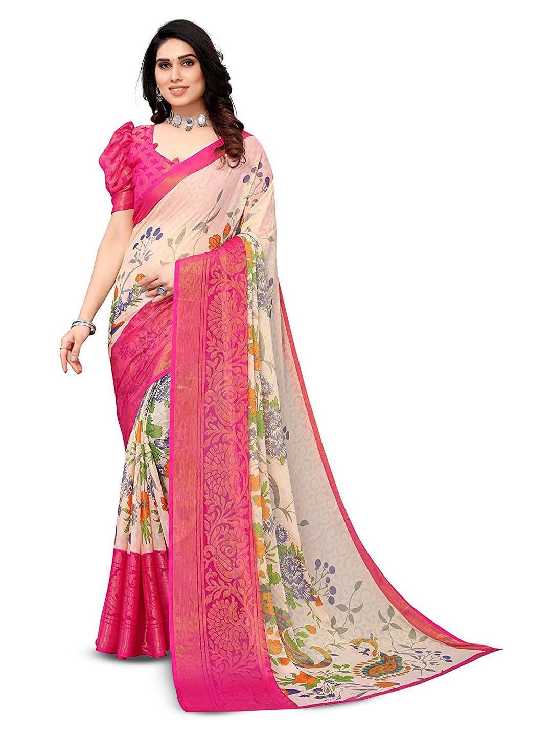 

Sitanjali Floral Printed Woven Design Brasso Saree, Gold
