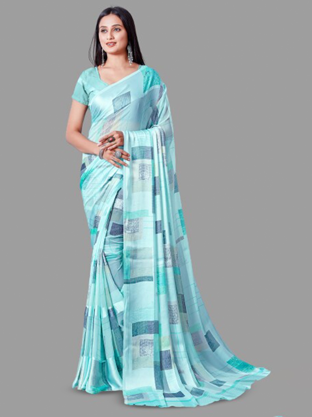 

Sitanjali Geometric Printed Satin Saree, Blue