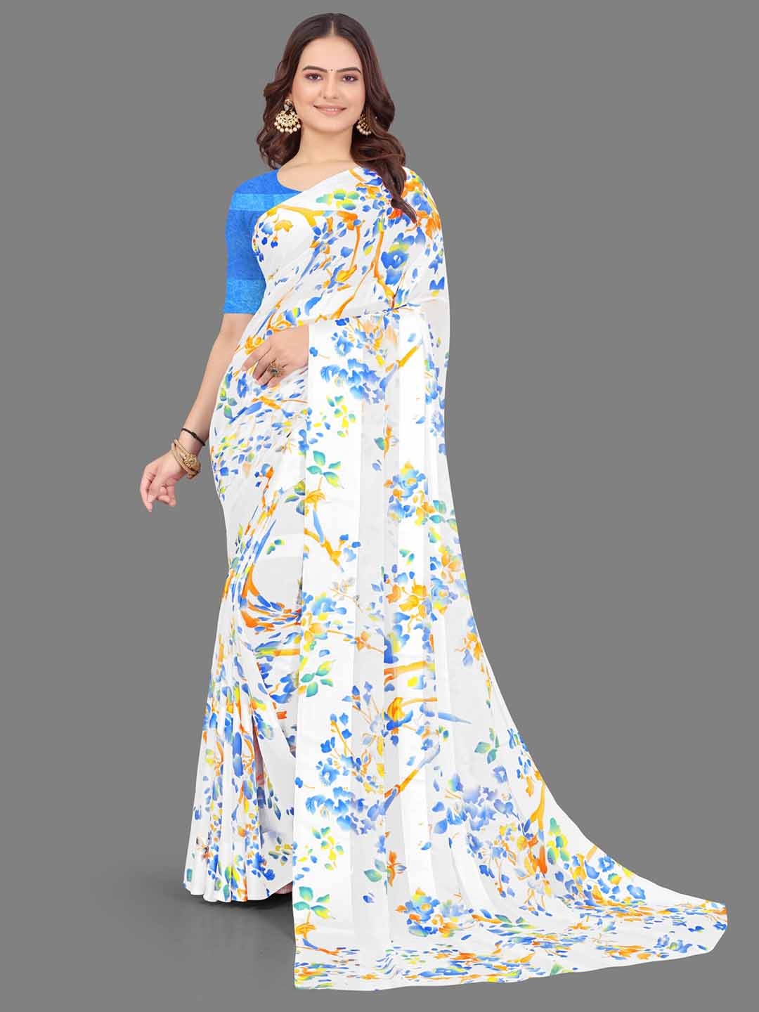 

Sitanjali Floral Printed Satin Block Print Saree, Blue