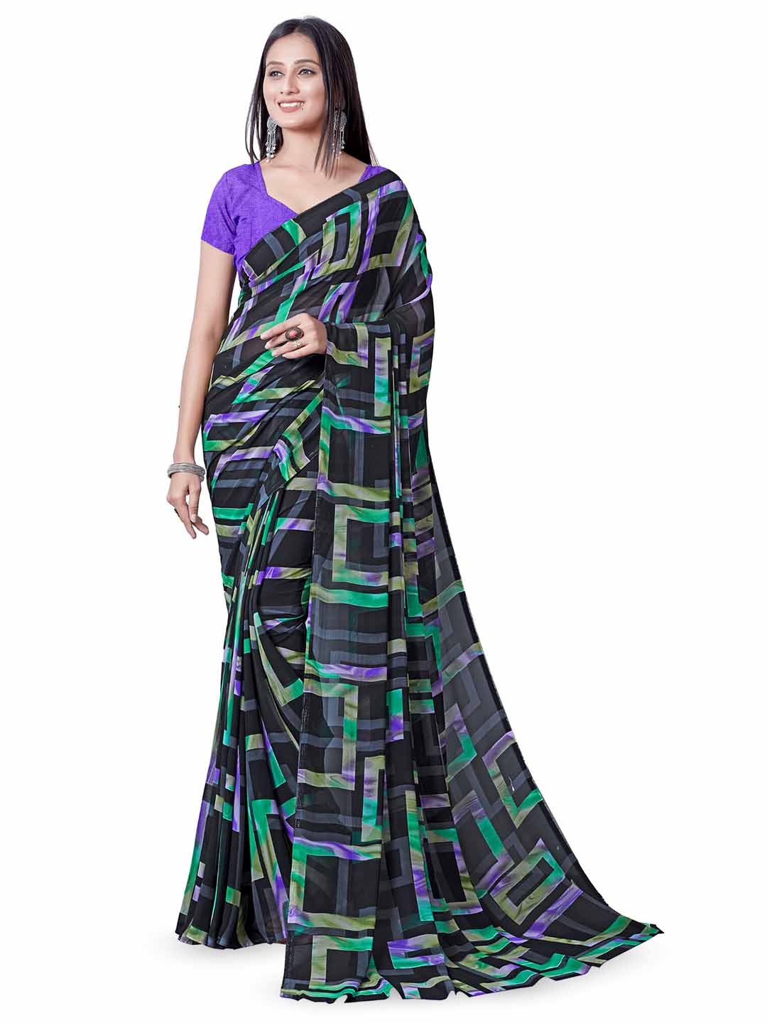 

Sitanjali Checked Printed Pure Georgette Block Print Saree, Green