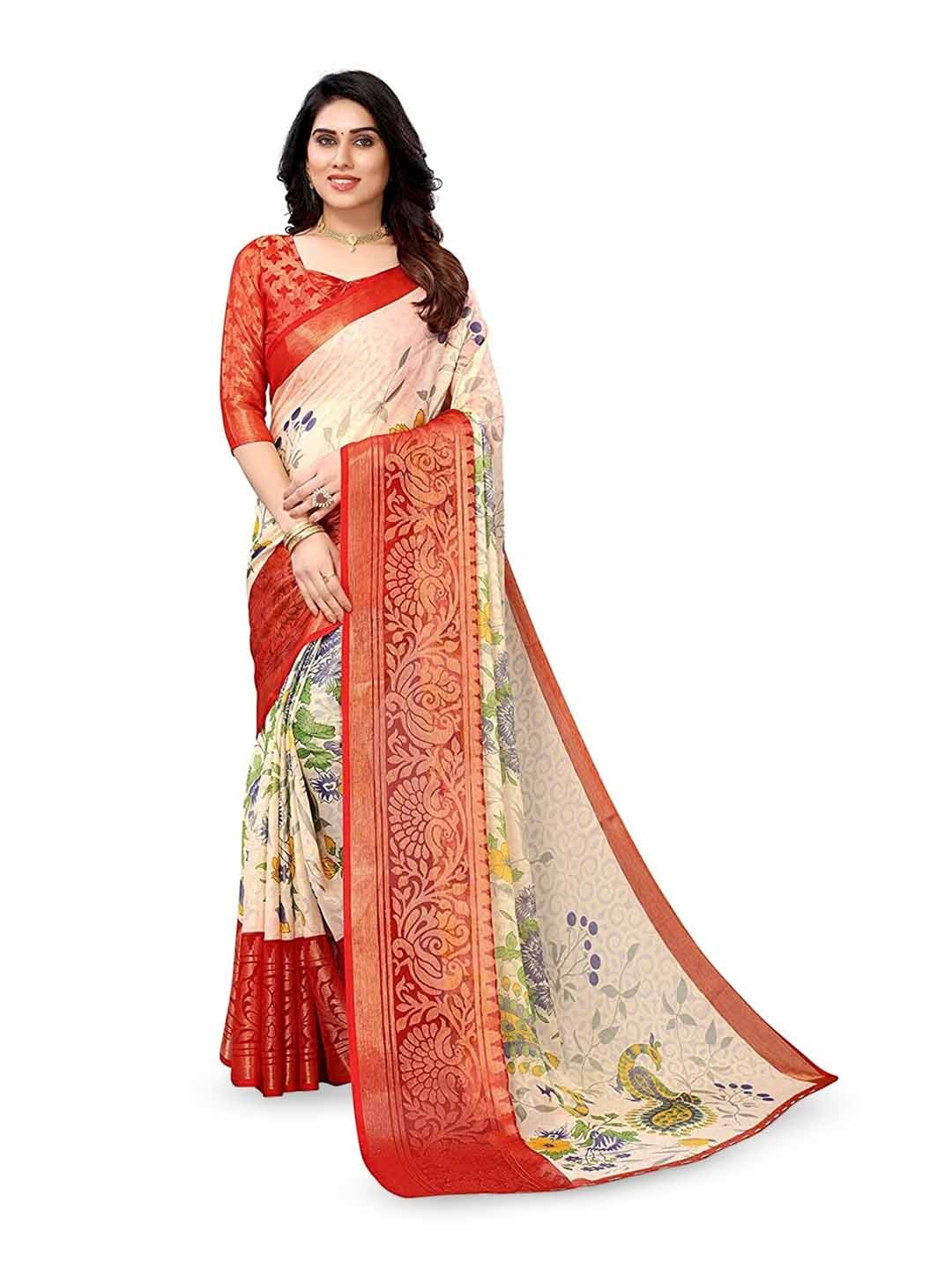 

Sitanjali Floral Printed Woven Design Brasso Saree, Red
