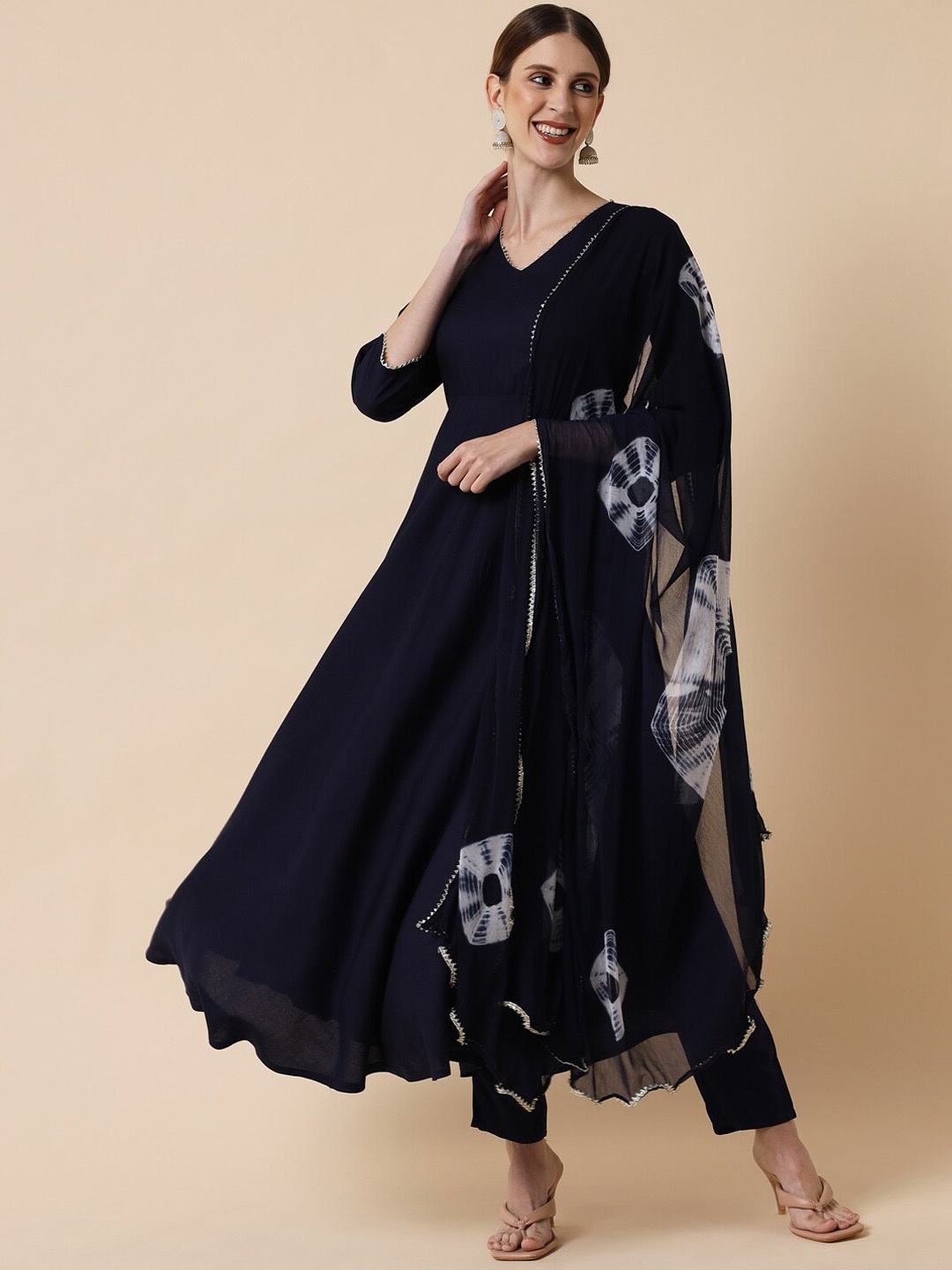 

Meeranshi V-Neck Anarkali Kurta with Trousers & With Dupatta, Navy blue