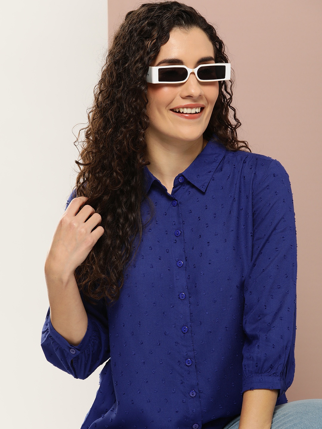 

Harvard Women Self Design Casual Shirt, Navy blue