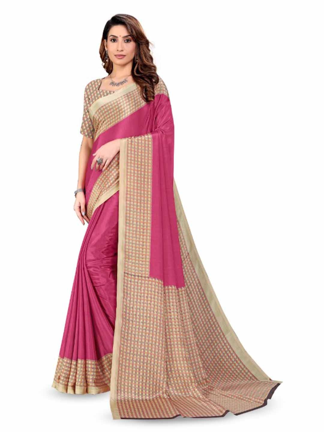 

VIMLA Checked Printed Border Saree, Pink