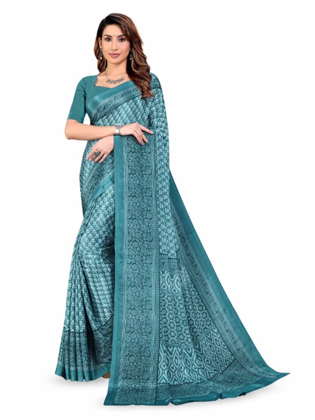 

VIMLA Floral Printed Border Saree, Green