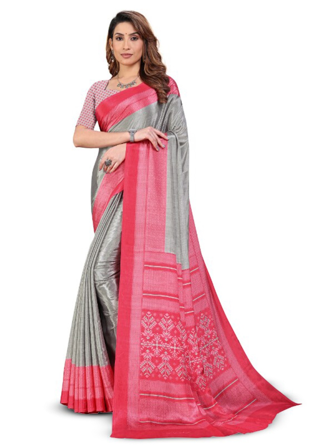 

VIMLA Geometric Printed Bordered Saree, Grey
