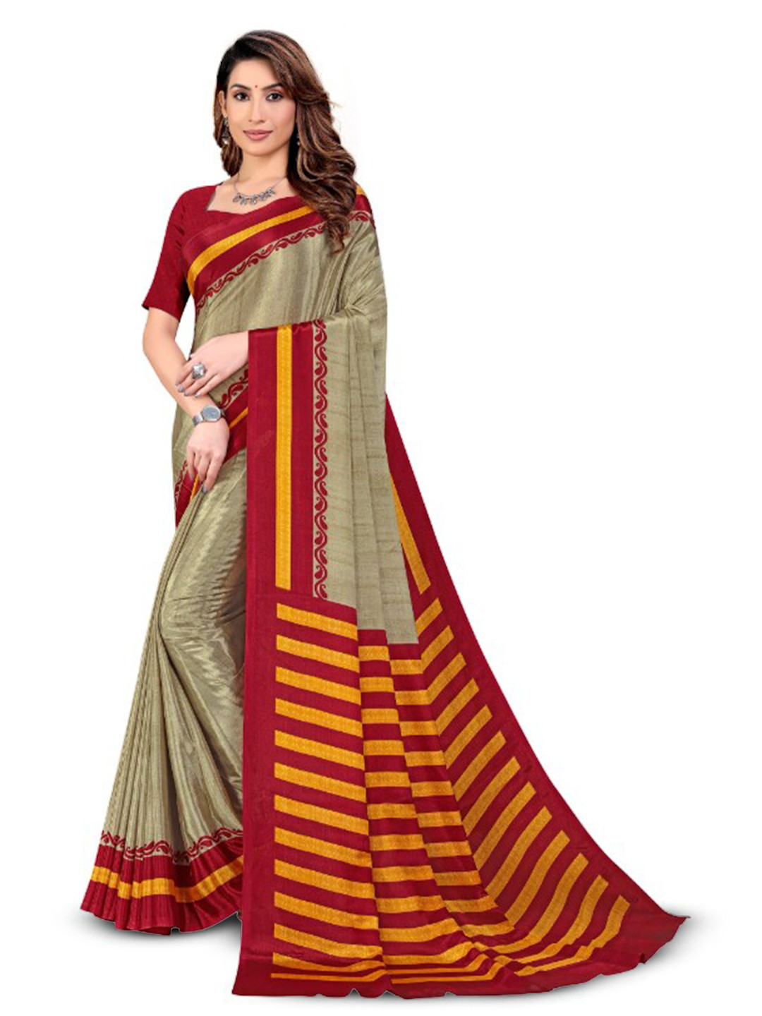

VIMLA Striped Printed Border Saree, Cream