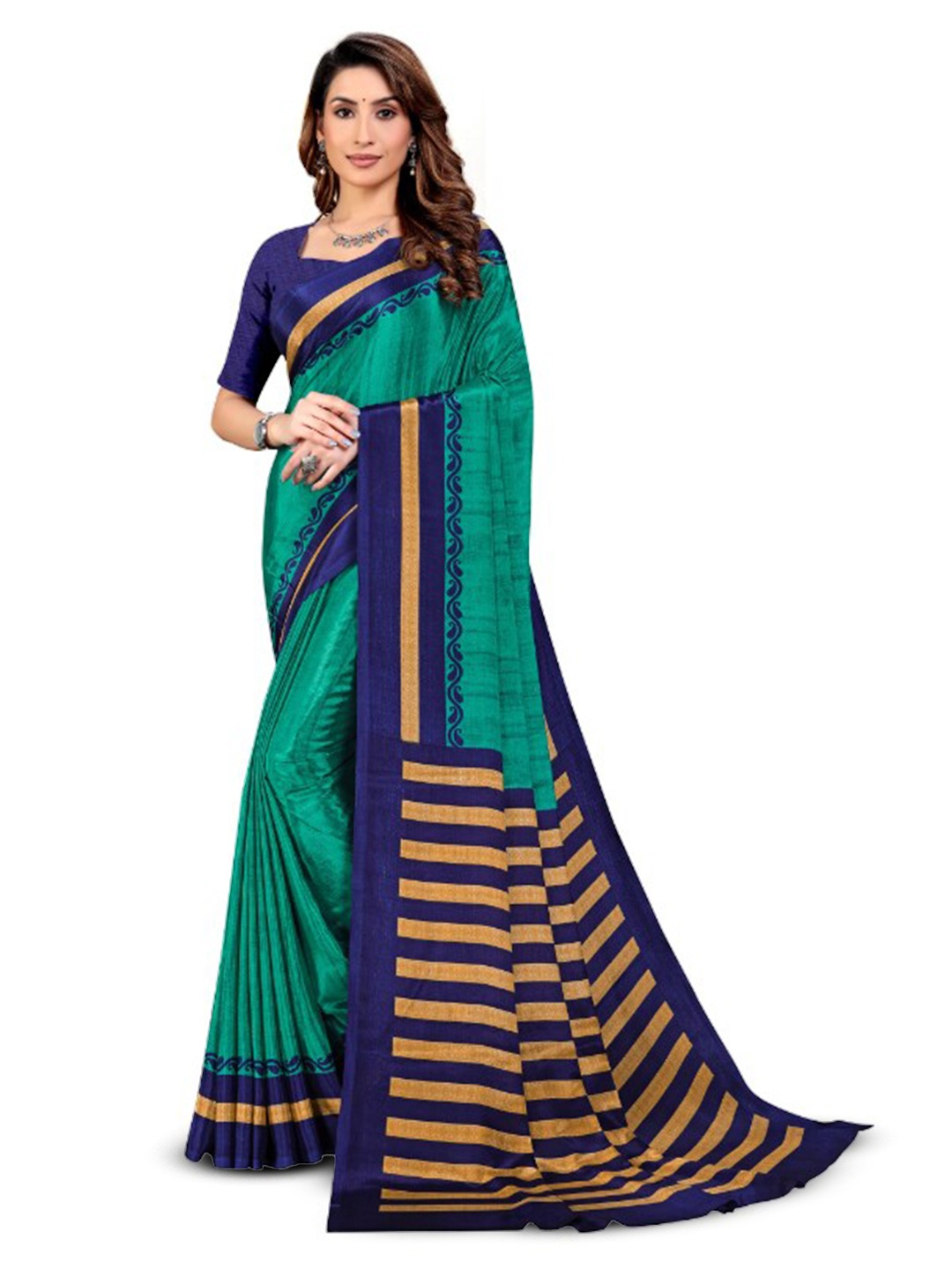 

VIMLA Striped Printed Saree, Turquoise blue