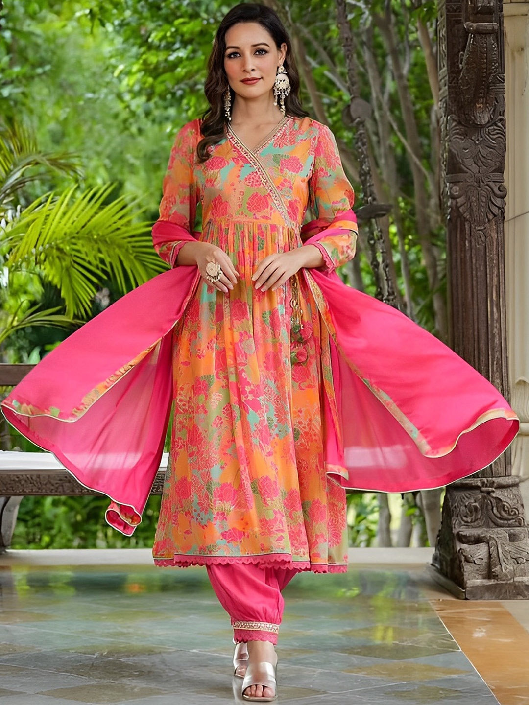 

White World Floral Printed Angrakha Kurta With Salwar & Dupatta, Pink