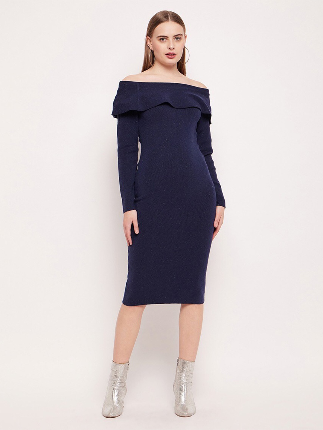 

Madame Off-Shoulder Long Sleeves Bodycon Midi Dress, Navy blue