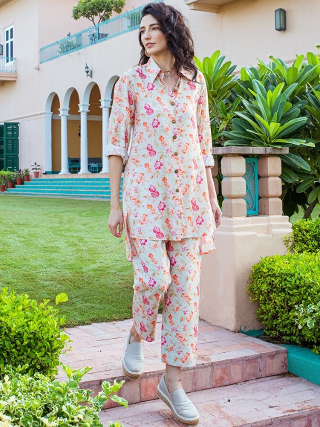 

KARAJ JAIPUR Printed Shirt & Trouser Co-Ords Set, Cream