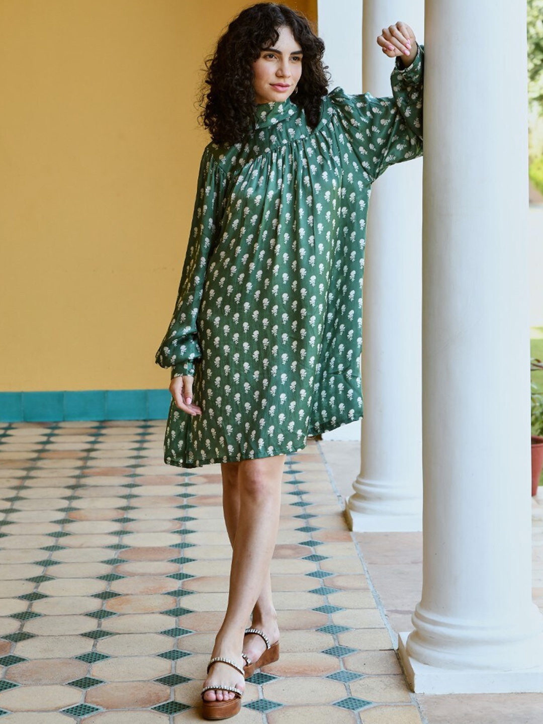 

KARAJ JAIPUR Floral Printed High Neck Cuffed Sleeve Gathered A-Line Dress, Green
