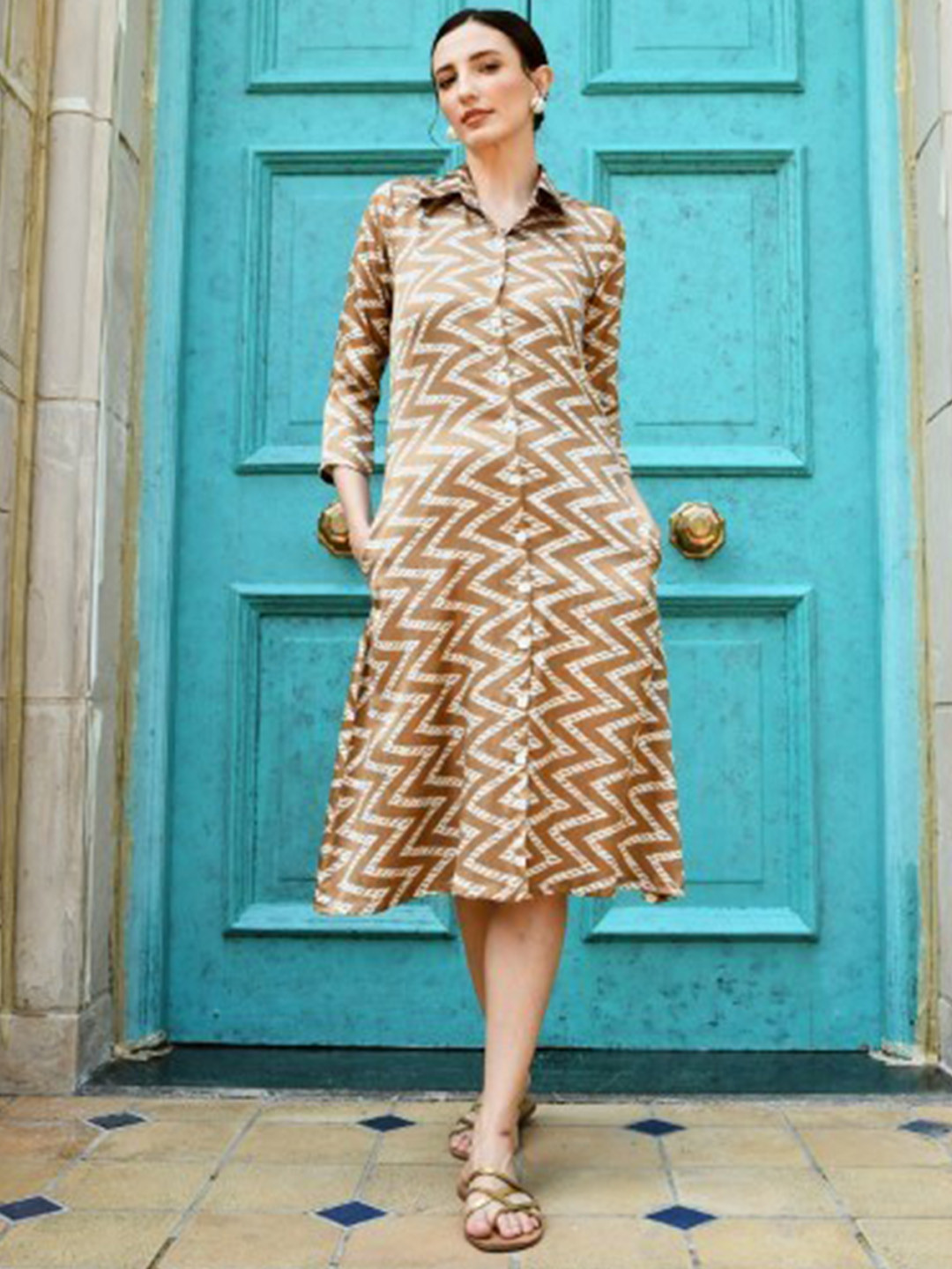 

KARAJ JAIPUR Chevron Printed Shirt Collar Cuffed Sleeve Shirt Dress, Brown