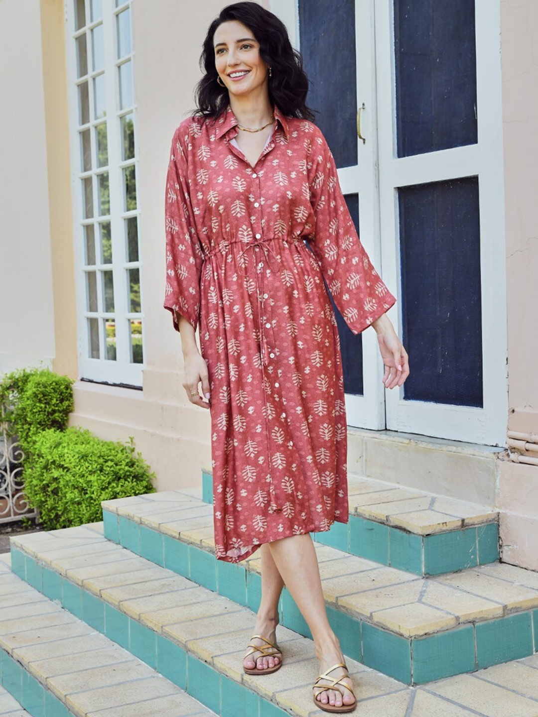 

KARAJ JAIPUR Floral Printed Shirt Collar A-Line Cotton Dress, Red
