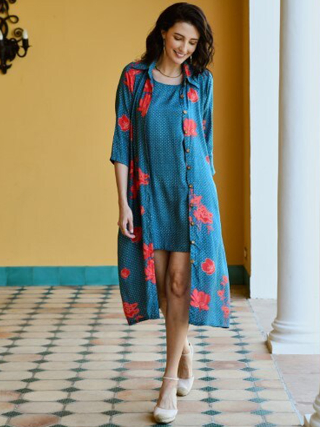 

KARAJ JAIPUR Geometric Printed A-Line Dress With Shrug, Blue