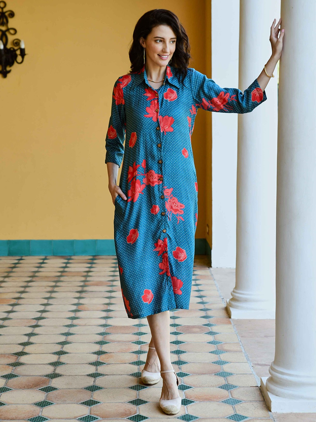 

KARAJ JAIPUR Floral Printed Shirt Collar A-Line Dress, Blue