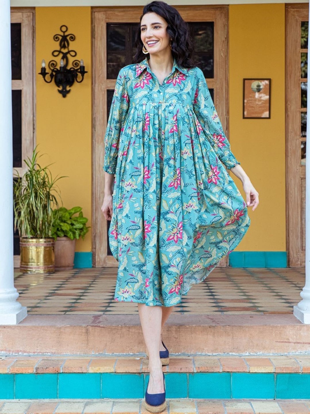 

KARAJ JAIPUR Floral Printed Shirt Collar Gathered A-Line Dress, Turquoise blue