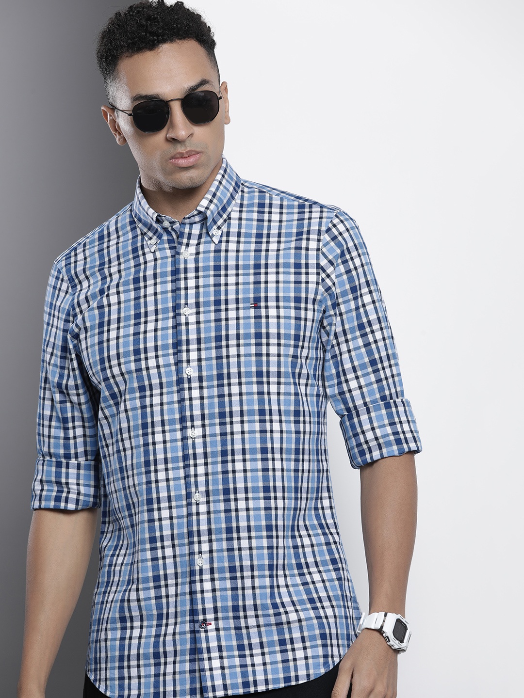 

Tommy Hilfiger Pure Cotton Slim Fit Checked Casual Shirt, Blue