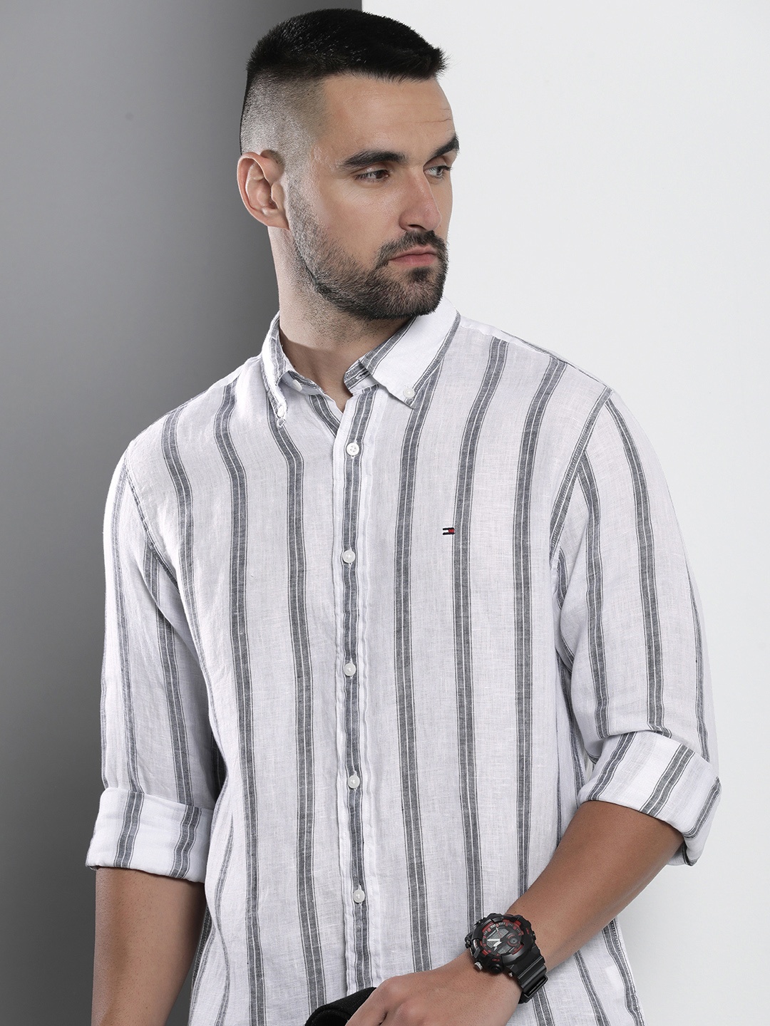 

Tommy Hilfiger Pure Linen Opaque Striped Casual Shirt, White