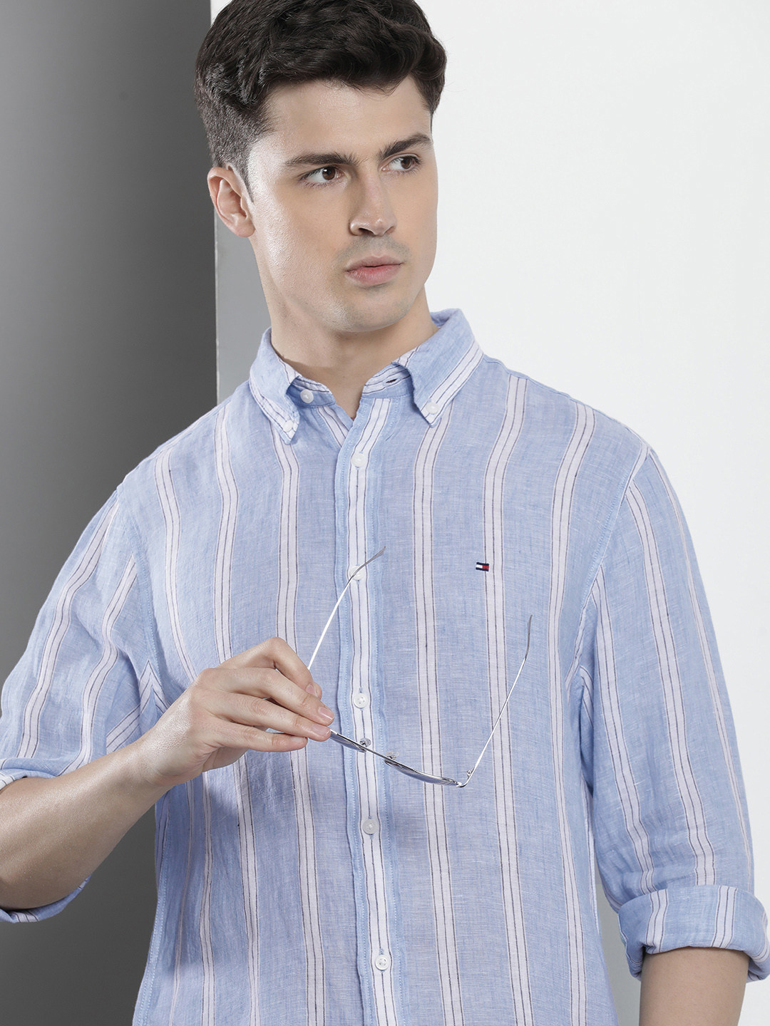 

Tommy Hilfiger Pure Linen Opaque Striped Casual Shirt, Blue