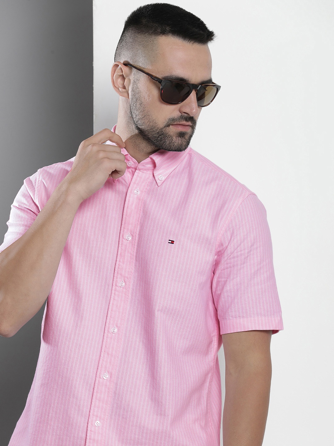 

Tommy Hilfiger Pure Cotton Opaque Striped Casual Shirt, Pink