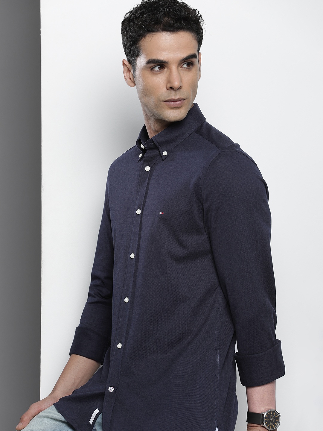 

Tommy Hilfiger Pure Cotton Knitted Slim Fit Opaque Casual Shirt, Navy blue