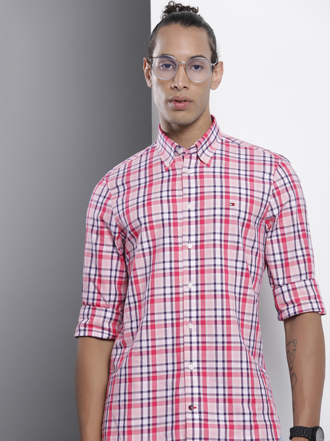 

Tommy Hilfiger Pure Cotton Slim Fit Tartan Checked Casual Shirt, Pink