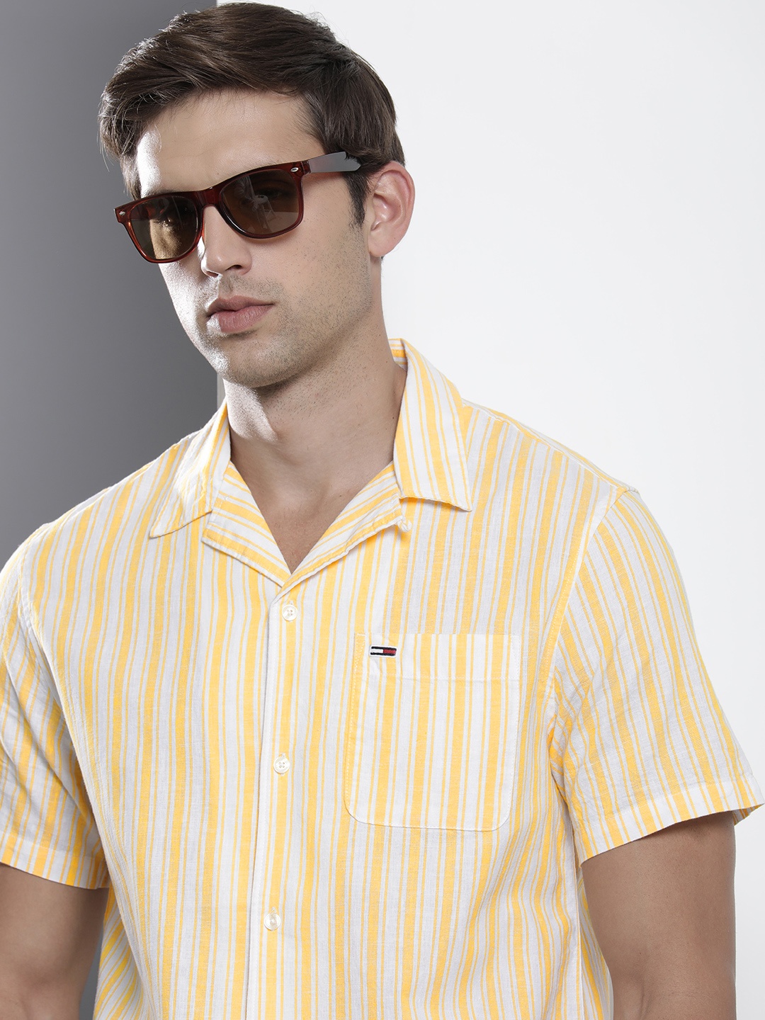 

Tommy Hilfiger Men Cotton Linen Striped Casual Shirt, Yellow