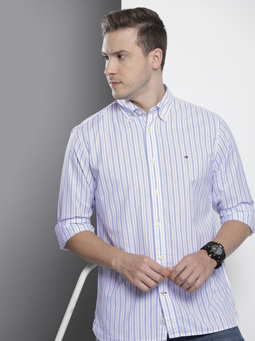 

Tommy Hilfiger Striped Pure Cotton Casual Shirt, Blue