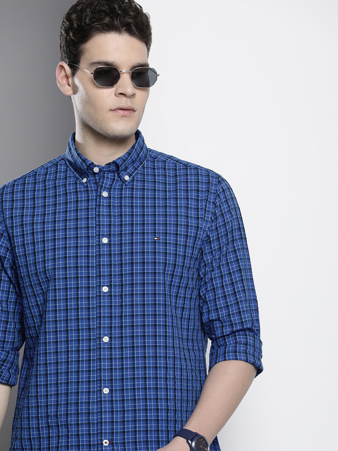 

Tommy Hilfiger Pure Cotton Opaque Checked Casual Shirt, Blue