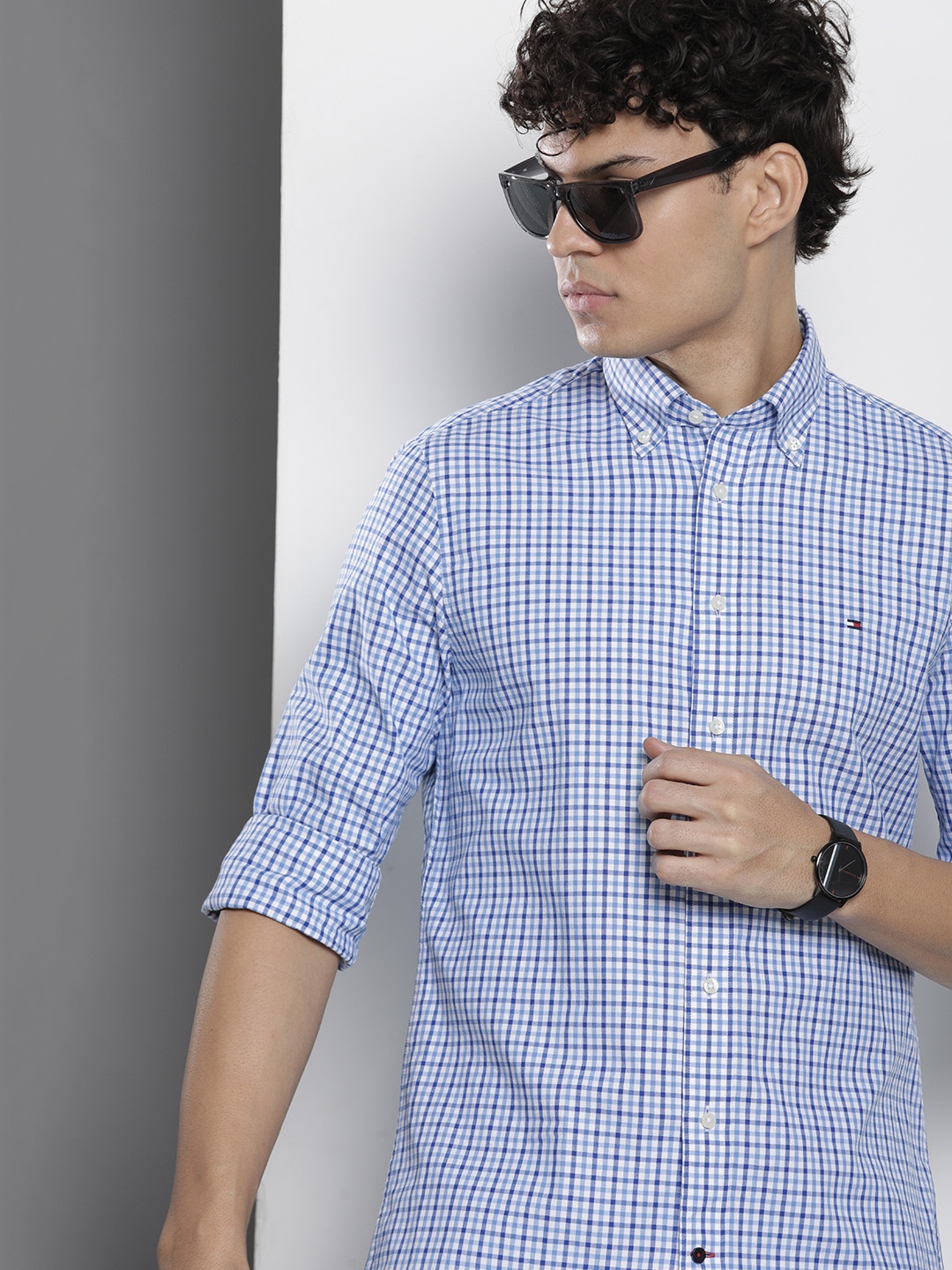 

Tommy Hilfiger Micro Checked Opaque Pure Cotton Casual Shirt, Blue