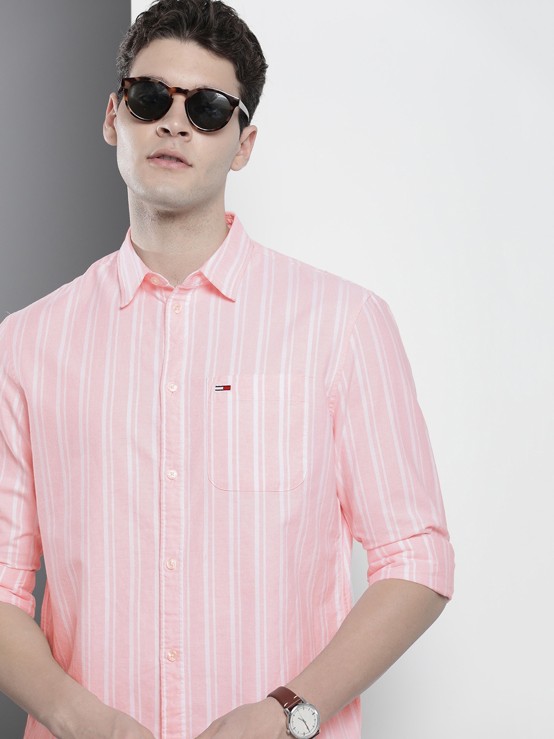 

Tommy Hilfiger Pure Cotton Opaque Striped Casual Shirt, Pink