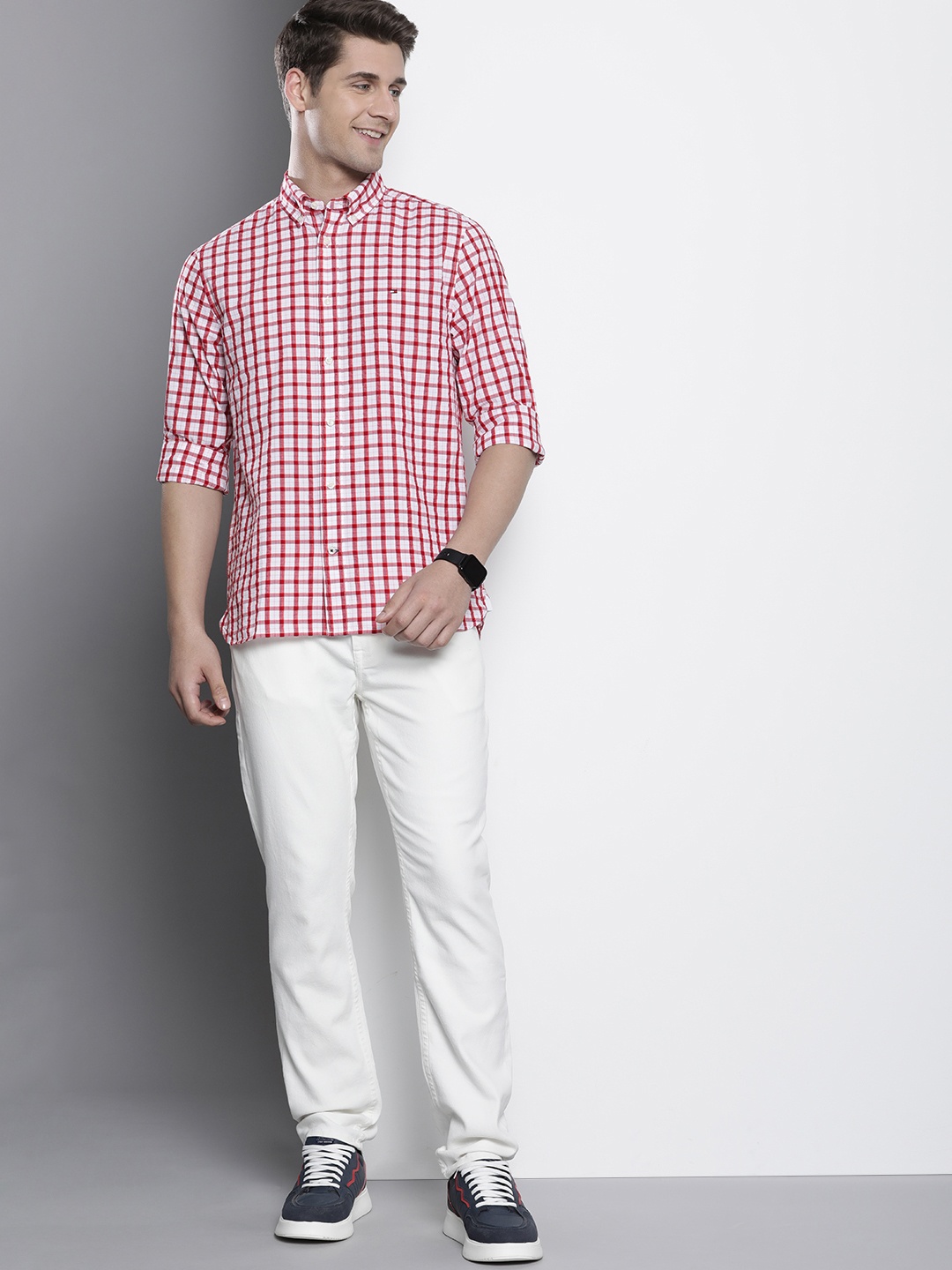 

Tommy Hilfiger Men Pure Cotton Grid Tattersall Checks Casual Shirt, White