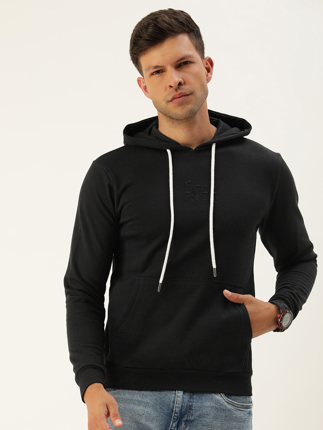 

FREE SOCIETY Men Embroidered Kangaroo Pocket Fleece Hooded Sweatshirt, Black